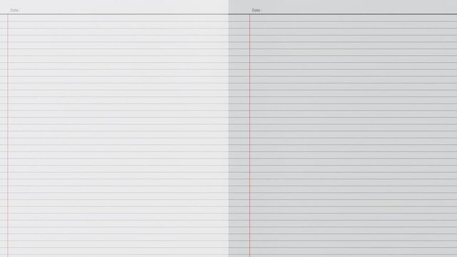 3D animation of notebook opening and zooming in to blank lined pages for a seamless transition. 4K animated loop on a transparent background, ideal for school presentations, educational text overlays.
