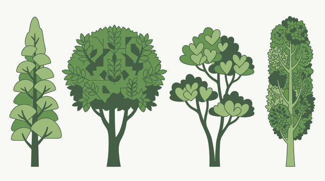 Set di quattro alberi stilizzati con diverse forme di chioma e texture di foglie verdi, illustrazione vettoriale piatta isolata su sfondo chiaro per design naturalistico e decorativo.