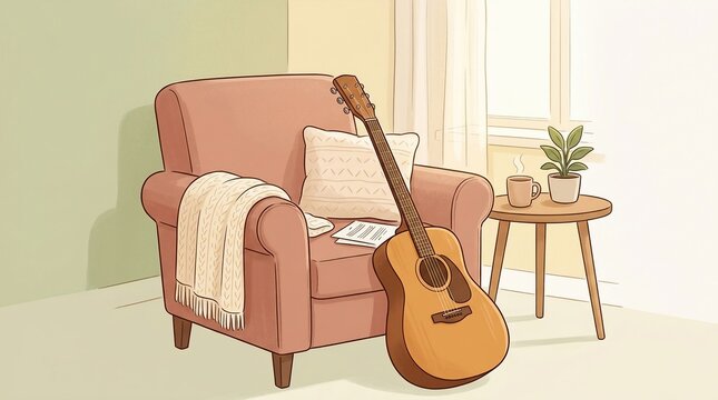 Cozy living room interior with acoustic guitar and armchair
