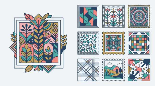 Set di icone decorative con motivi geometrici, floreali e astratti in stile moderno e colorato, ideali per design grafico, elementi di branding e decorazioni artistiche vettoriali.