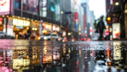 Obraz premium Rainy City Street Reflections - A Blur of Lights and Motion.