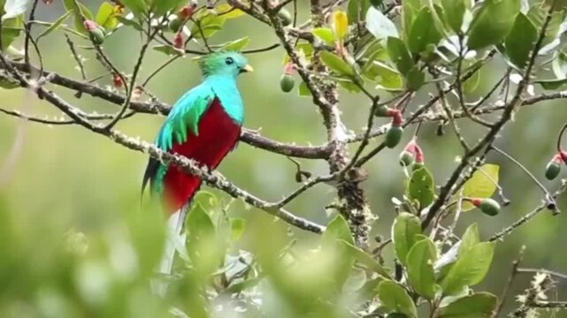 The beauty of a male Resplendent Quetzal perched on a tree branch in its natural habitat. 