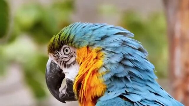 A stunning close-up of a Blue-and-Gold Macaw that appears calm and graceful.