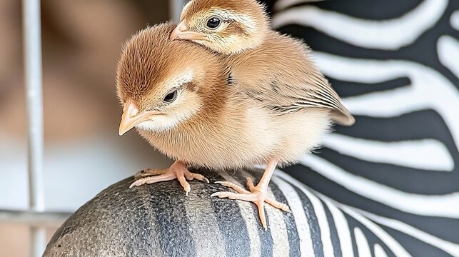 Adorable fluffy baby chick perched on a person's striped zebra-patterned shirt in soft light