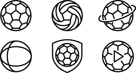 Soccer and Volleyball Icon Set with Championship Shield Panels, Global Orbit Trajectories, Media Play Buttons, and Athletic Equipment Symbols for Sports App Vector Designs © tofajjol studio