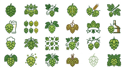 Flat Design Hop Cones and Leaves Illustration Set. © Rizki