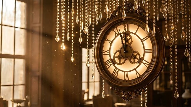 Vintage ornate clock hanging with crystal chandelier in warmly lit interior
