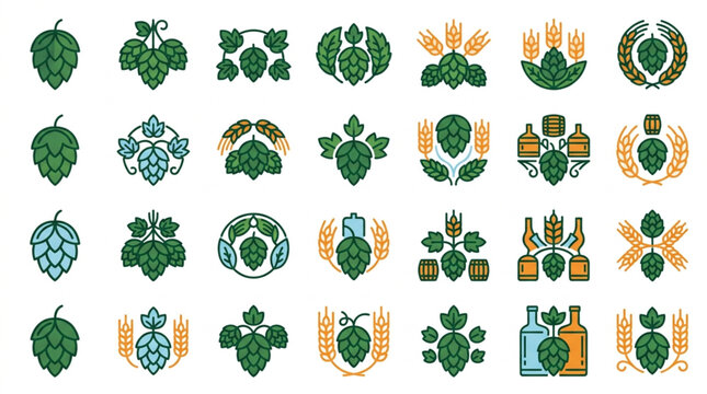 Flat Design Hops and Beer Brewing Icons Collection.