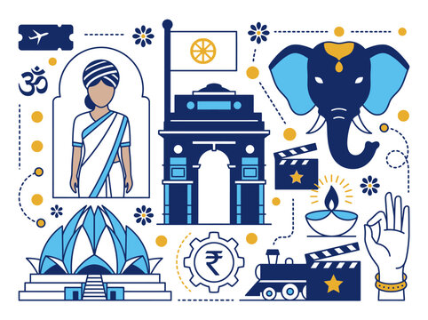India Culture and Tourism Flat Line Art Illustration with Landmarks and National Symbols