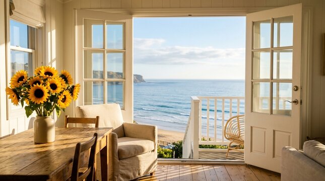 Sunflowers on dining table overlooking ocean view from cottage