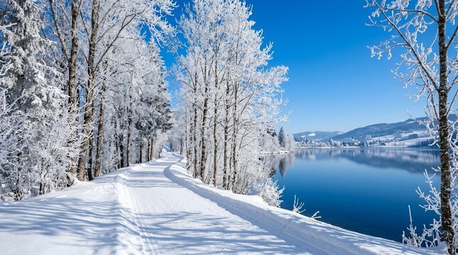 Snowy winter path along a frozen lake