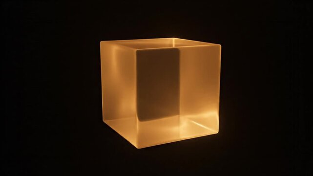 Minimalist single glowing translucent amber cube isolated on a black background, 3D geometric glass square emitting warm golden light from within dark void space.