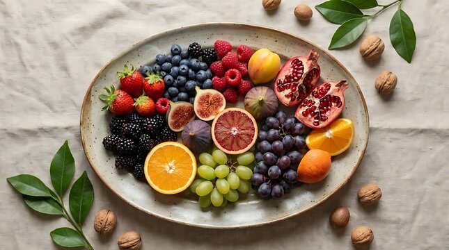 Diverse fresh fruit platter with nuts and leaves.