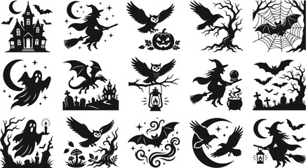 Fototapeta premium Halloween vector bundle spooky silhouettes for designs ghosts witches bats owls more