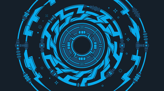 Un design grafico astratto con un motivo circolare futuristico in blu brillante su sfondo scuro, che ricorda un'interfaccia tecnologica o un elemento di interfaccia utente digitale.