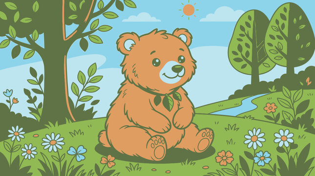 春の陽気な森の中で座っているかわいい茶色のクマのキャラクターのイラストで、周囲には色とりどりの花や緑豊かな木々が描かれた、子供向け絵本のような温かみのあるデザインです。