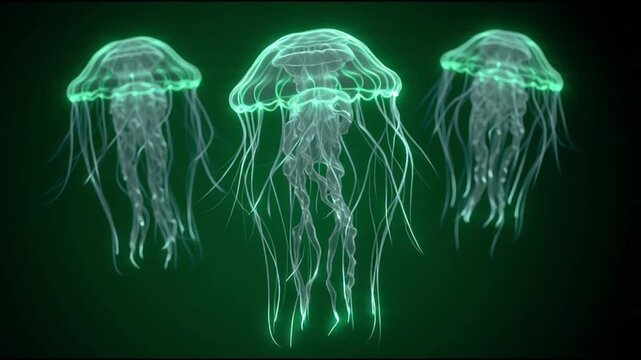 Three neon green bioluminescent jellyfish swimming in deep dark abyss
