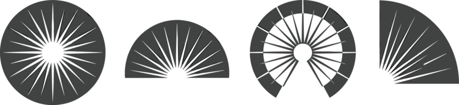 Abstract Circular and Semi Circle Geometric Radial Element Set with Decorative Black Rays and Fan Shapes for Modern Logo and Pattern Design