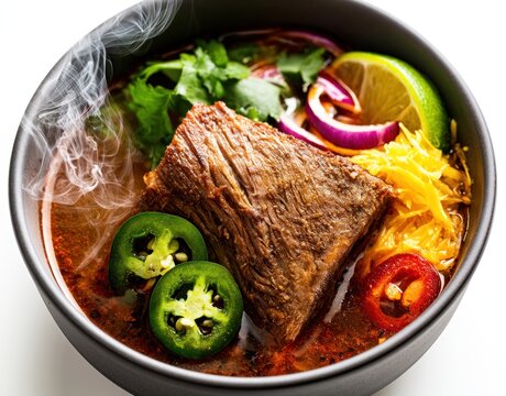 Beef birria soup with fresh lime and cilantro garnish