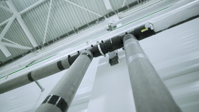 Industrial ceiling features insulated pipes metal construction and ventilation lines. Reliable distribution of resources inside building