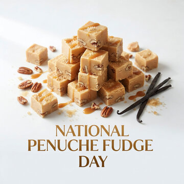 National Penuche Fudge Day promotional poster featuring a delicious stack of penuche fudge squares with pecans, caramel drizzle, and vanilla beans

