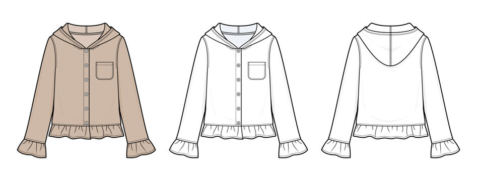Ruffle Hem Hooded Knit Pullover Technical Fashion Illustration. Single Chest Pocket Hoodie Vector Template. Front and Back View. Women&rsquo;s Apparel. CAD Mockup Set.