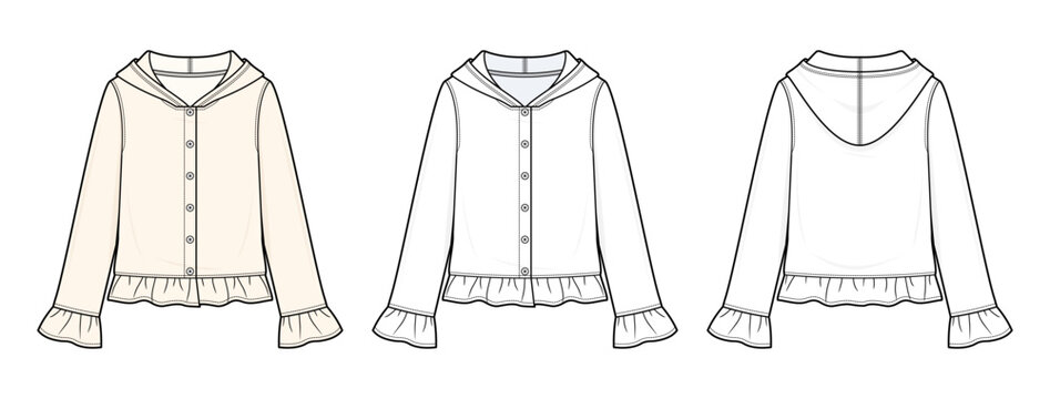 Hooded Knit Cardigan Technical Fashion Illustration. Button Front Ruffle Hem Jacket Vector Template. Front and Back View. Women&rsquo;s Apparel. CAD Mockup Set.