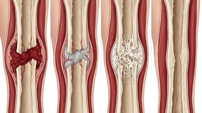 Stages of bone fracture healing and repair illustrated in cross-section