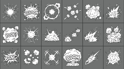 Comic Book Explosion Effect Vector Set with Hand Drawn Comic Sound Effects Kaboom Poof Bang and Boom Speech Bubble Graphic Elements © Nayem