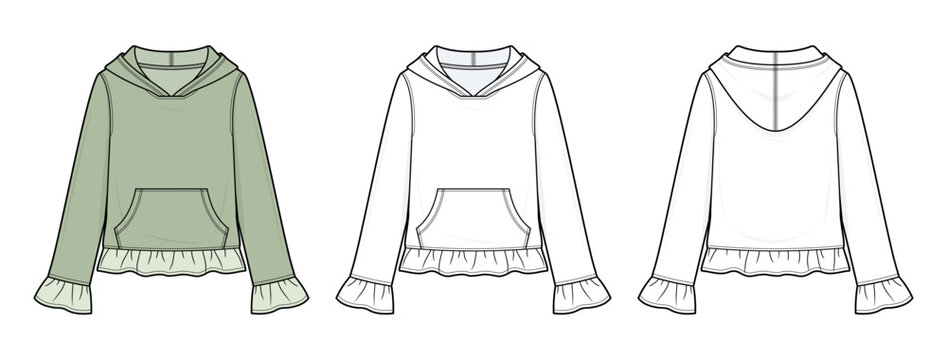 Ruffle Hem Hooded Knit Pullover Technical Fashion Illustration. Kangaroo Pocket Hoodie Vector Template. Front and Back View. Women&rsquo;s Apparel. CAD Mockup Set.