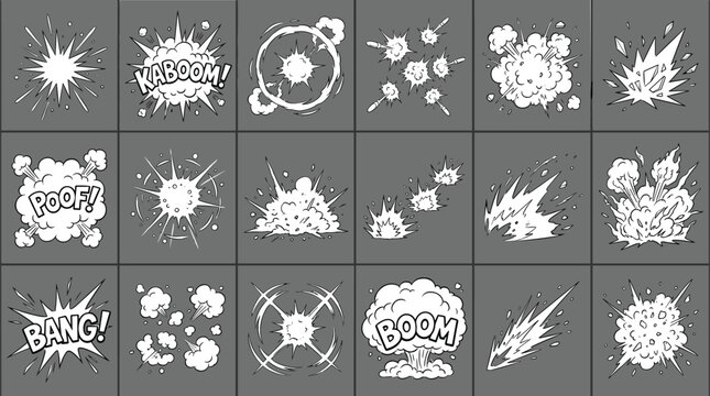 Comic Book Explosion Effect Vector Set with Hand Drawn Comic Sound Effects Kaboom Poof Bang and Boom Speech Bubble Graphic Elements
