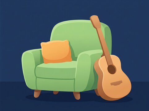 Cozy green armchair with acoustic guitar illustration