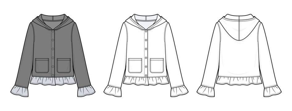 Hooded Cardigan Jacket Technical Fashion Illustration. Button Front Knit Outerwear with Patch Pockets and Ruffle Hem Vector Template. Front and Back View. Women&rsquo;s Apparel. CAD Mockup Set.