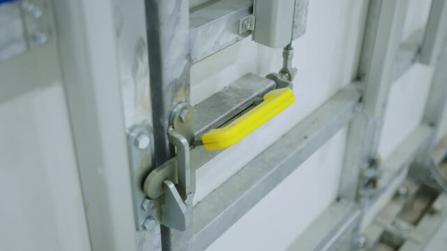 Technical construction contains bolts and distinctive grab handle. Heavy duty equipment provides functional industrial workspace utility