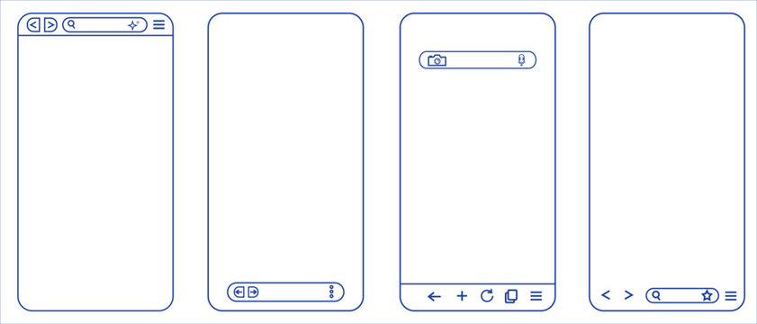 Mobile App Vector Wireframe UI Frames Collection &ndash; Editable Stroke Smartphone Screen Mockup, Browser Interface Outline Vector Template Set