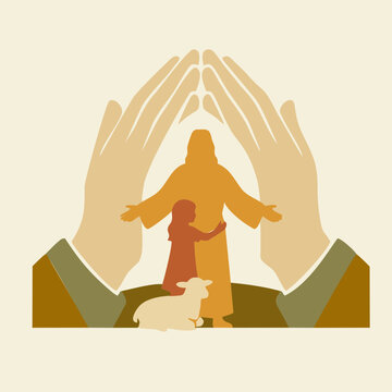 Jesus and Lamb SVG, Good Shepherd Child Vector, Christian Kids Clipart, Silhouette DXF Cut Files, Clean Vector EPS