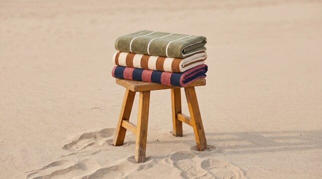 Stack of three striped cotton towels resting on a small wooden stool amidst smooth sandy terrain with lifestyle