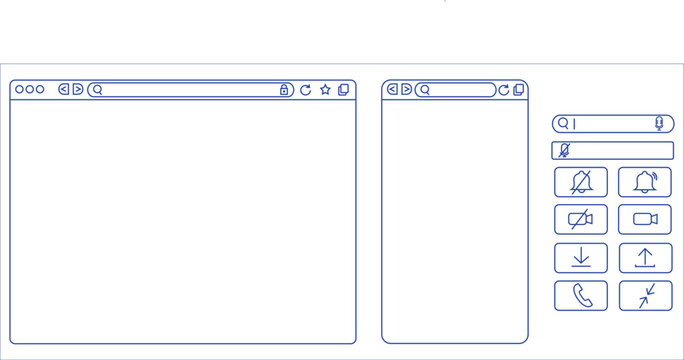 UI UX Browser Window & Mobile Frame Kit with Interface Elements &ndash; Editable Stroke Outline Vector Web App Mockup Template