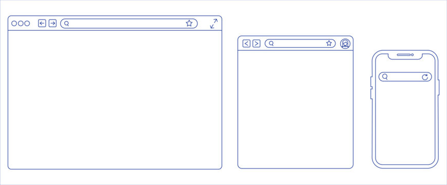 Cross Platform Browser UI Frame Collection &ndash; Editable Stroke Desktop, Tablet and Mobile Screen Mockup Outline Vector Template