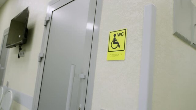 Accessible restroom features bright wheelchair WC sign with Braille text. Clean installation highlights inclusive design standards