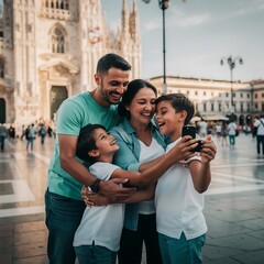 Obraz premium Happy Family Taking a Selfie in Front of the Milan Cathedral in Italy.