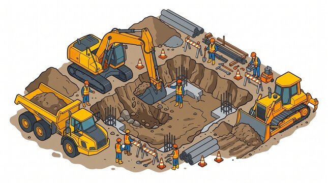 Construction site features heavy machinery and workers digging a deep foundation for a new building project.