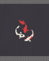 Koi Fish, Yin Yang Symbol, Red White Illustration, Black Background © M Yusril Hadi