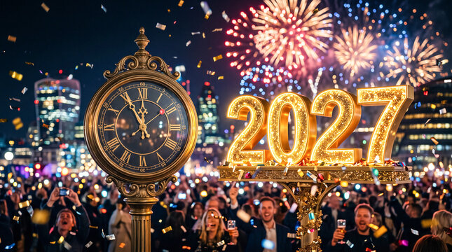 Cuenta atr&aacute;s para recibir el A&ntilde;o Nuevo 2027 con reloj cl&aacute;sico, confeti y luces festivas.