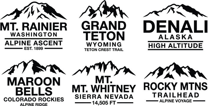 Mountain peak logo set featuring stylized alpine crests and typography for outdoor adventure brands