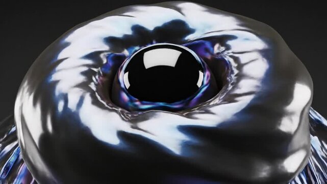 3D animation of viscous iridescent liquid forming a circular opening around a central black void. The glossy fluid displays blue and purple reflections against a dark backdrop.