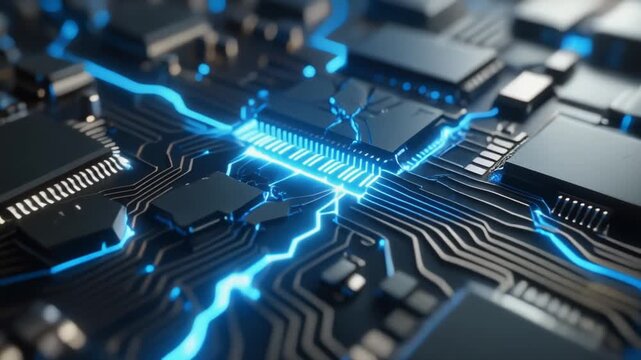 Advanced Printed Circuit Board with Glowing AI Data Pathways