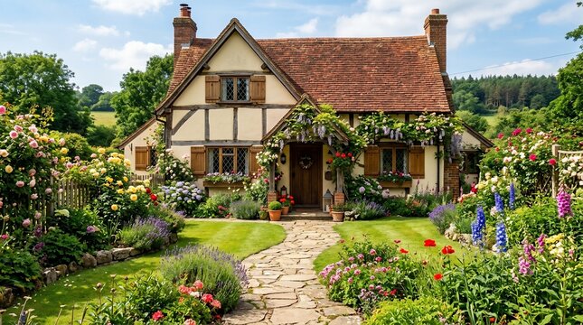 Charming English cottage with blooming flower garden