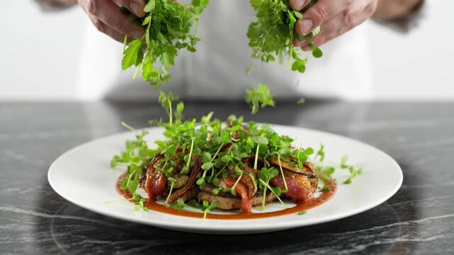 Chef sprinkling fresh chopped green herbs onto a plate of seared meat with gourmet sauce cooking food kitchen parsley