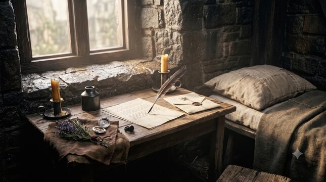 Medieval monk cell with wooden desk candle parchment and simple bed